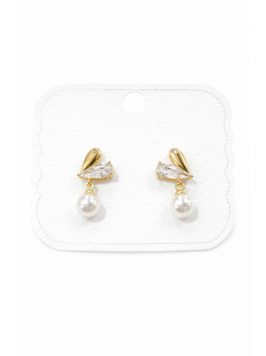 Gümüş İğneli Zirkon Taşlı Kalpli İncili Küpe