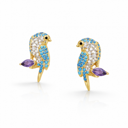 Gümüş İğneli Zirkon Taşlı Kuş Küpe