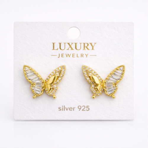 Kelebekli Baget Taşlı Gümüş İğneli Küpe