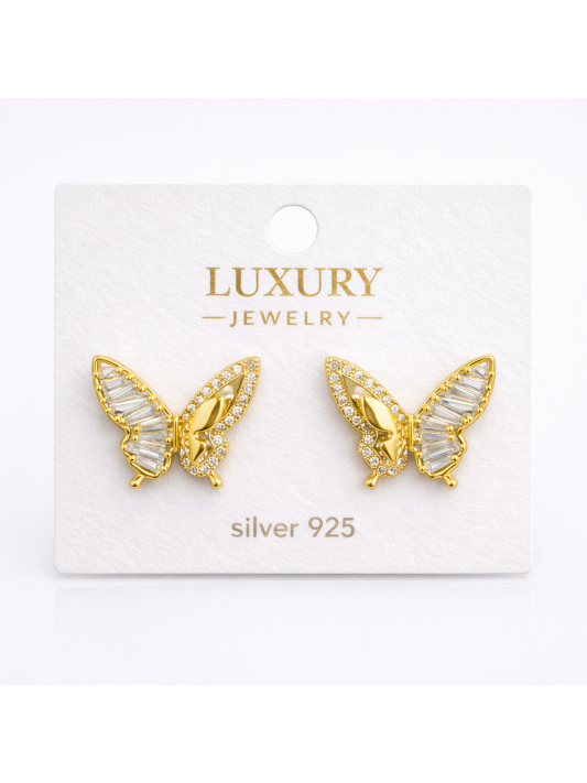 Kelebekli Baget Taşlı Gümüş İğneli Küpe