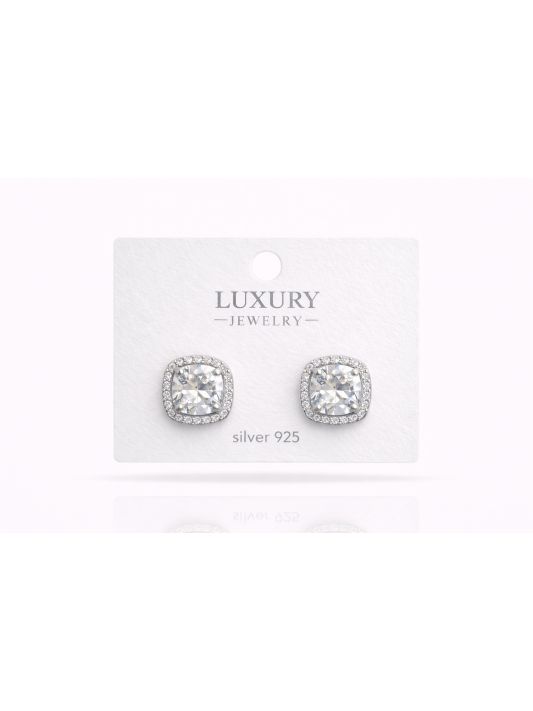 Kare Baget Taşlı Gümüş İğneli Küpe