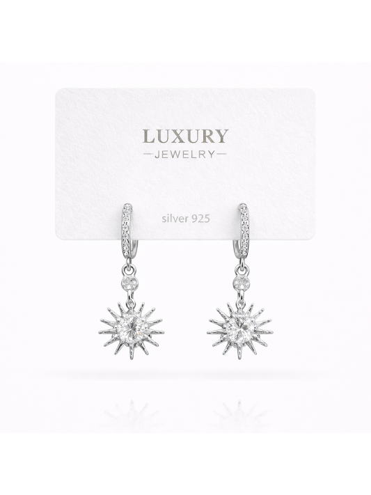 Sallantılı Zirkon Taşlı Gümüş İğneli Güneş Küpe