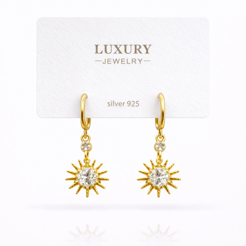 Sallantılı Zirkon Taşlı Gümüş İğneli Güneş Küpe