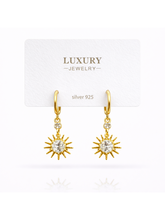 Sallantılı Zirkon Taşlı Gümüş İğneli Güneş Küpe