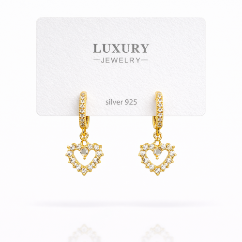 Sallantılı Zirkon Taşlı Gümüş İğneli Kalpli Küpe