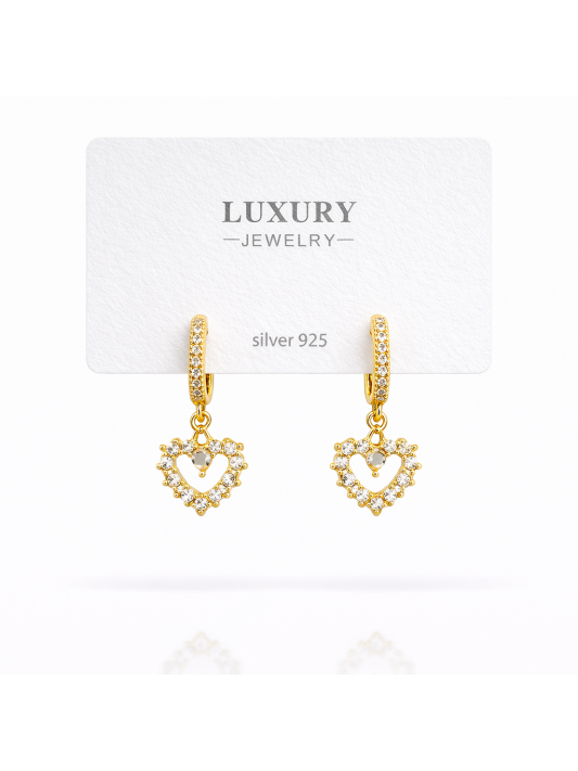 Sallantılı Zirkon Taşlı Gümüş İğneli Kalpli Küpe