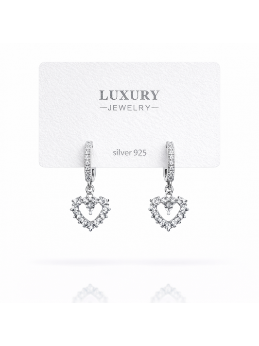 Sallantılı Zirkon Taşlı Gümüş İğneli Kalpli Küpe