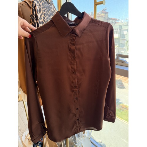 Krep Saten Kahverengi Gömlek